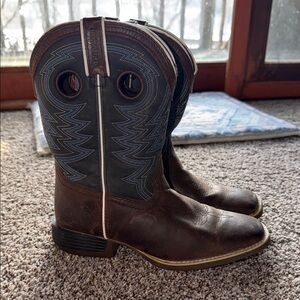 Durango boys 8” western boots sz 5 Dark Brown blue denim cowboy ranch work